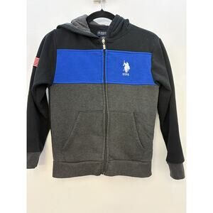 U.S. Polo Assn. Boys Size 10/12 Black Blue Grey Zip Hoodie Sweatshirt EUC